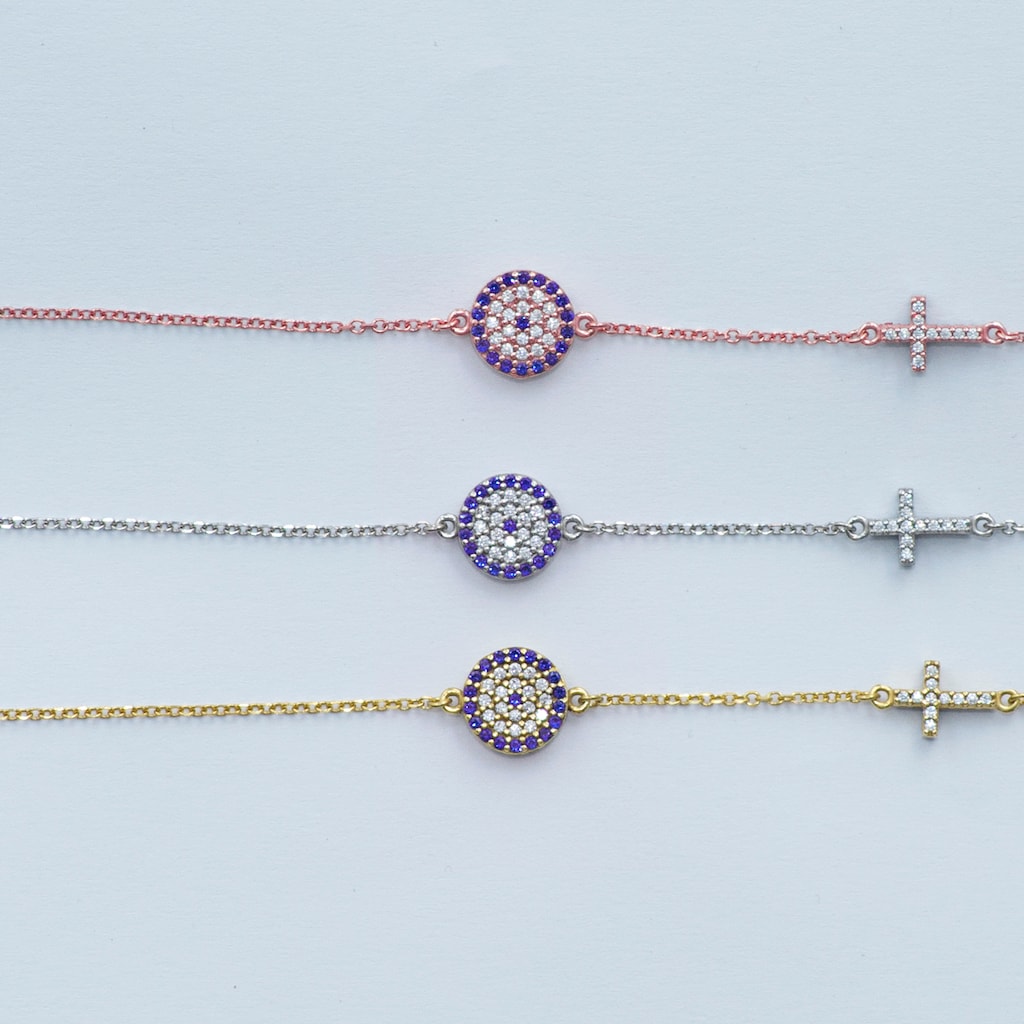 B034 Evil Eye Bracelet Medium Size With Double Faced Cross