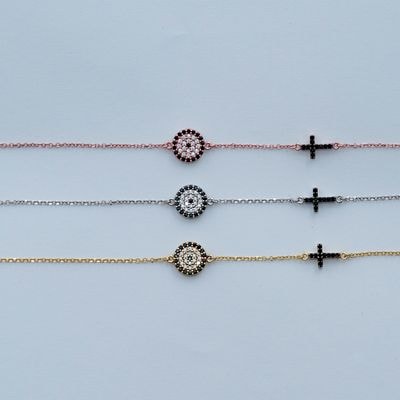 B034 Evil Eye Bracelet Medium Size With Double Faced Cross