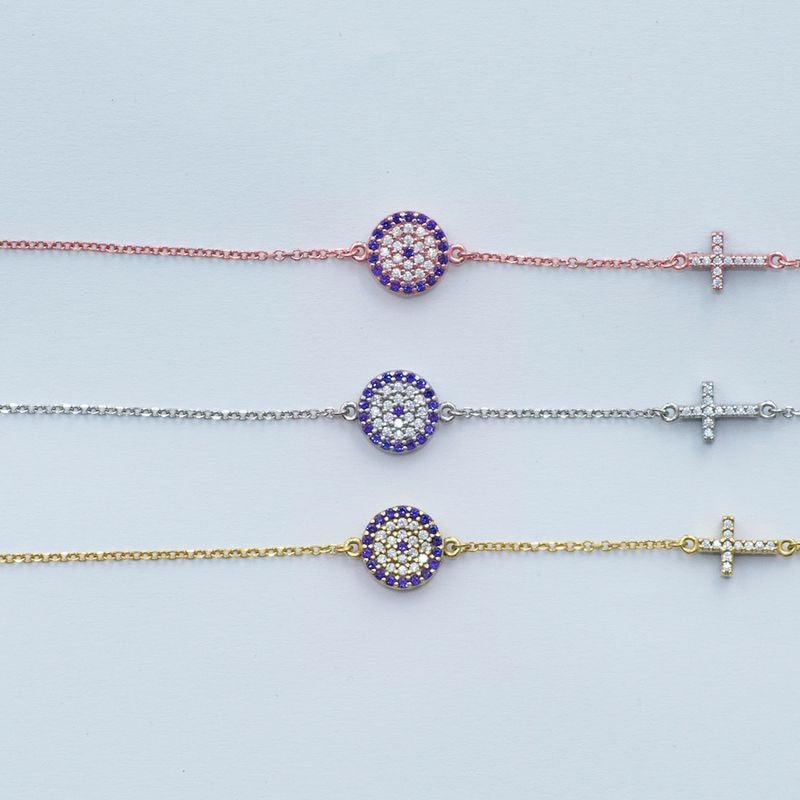 B034 Evil Eye Bracelet Medium Size With Double Faced Cross